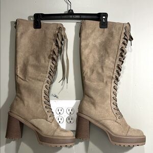 Sexy Tan High Heeled Combat Boots. Size 12.
